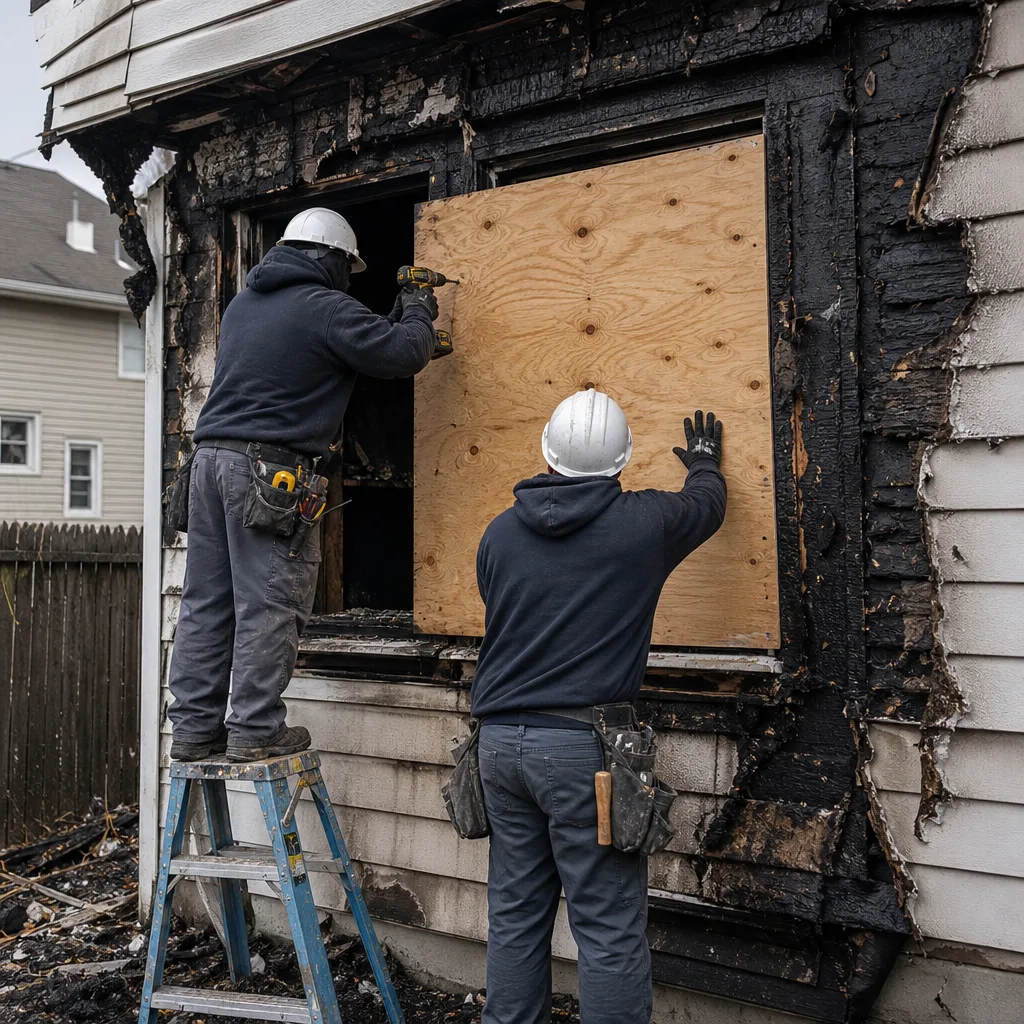 Technicians boarding up a fire damaged residential window for security