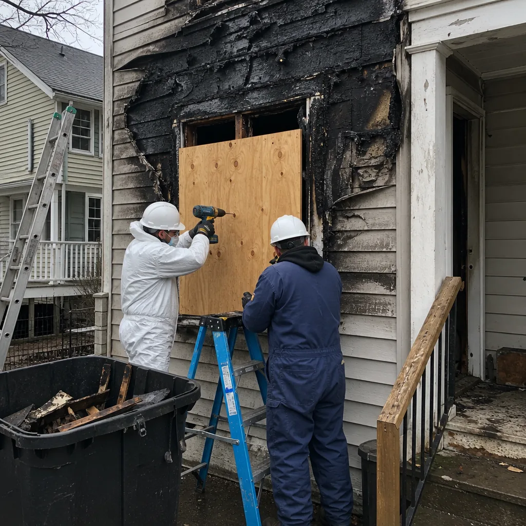 Two technicians boarding up a fire-damaged house window