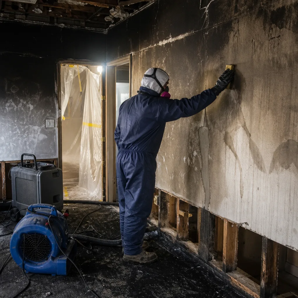 Technician in hazmat suit cleaning soot from wall after fire damage