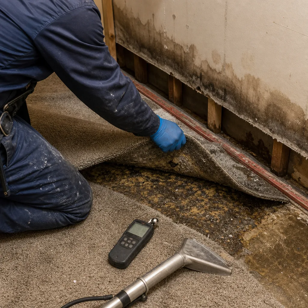 Professional technician inspecting water damaged flooring with moisture testing equipment.