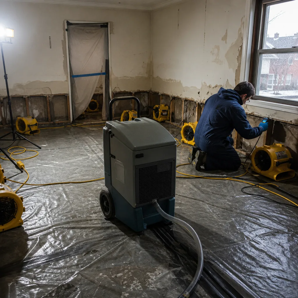Technician performing professional water damage restoration in a residential home